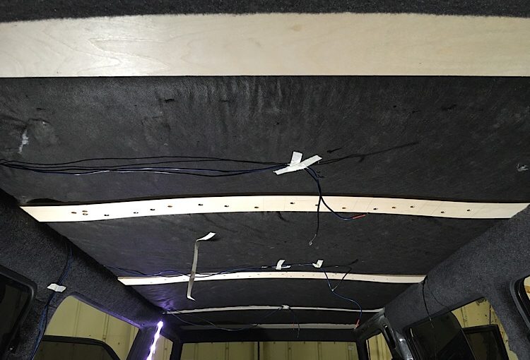 Five stringers installed and ready for ceiling cladding. Wood ceiling installation for Mitsubishi Delica L300