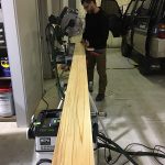 Cutting the middle piece to length. Wood ceiling installation for Mitsubishi Delica L300